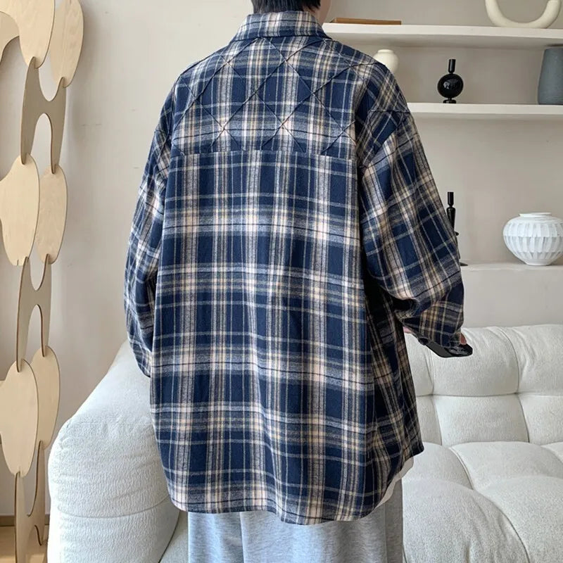 Threebooy Spring New Casual Plaid shirt Men's Loose Streetwear Long-sleeved Shirt Retro Shirts Men Classic American style shirt