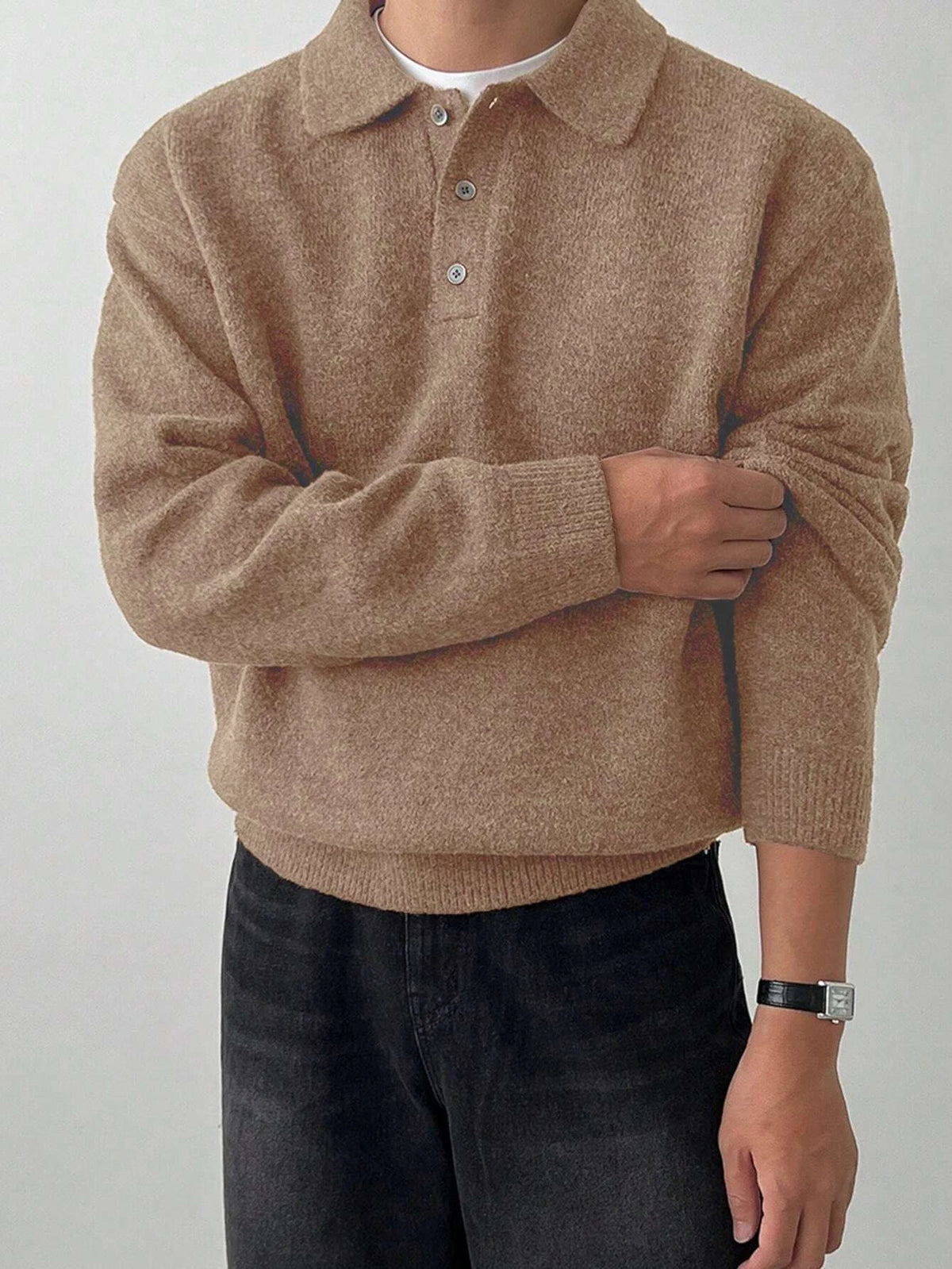 Threebooy  Men's Fall Winter Loungewear Shirt, Solid Color Long Sleeve Lapel Button-Up, Old Money Style Loose Warm Casual Pullover
