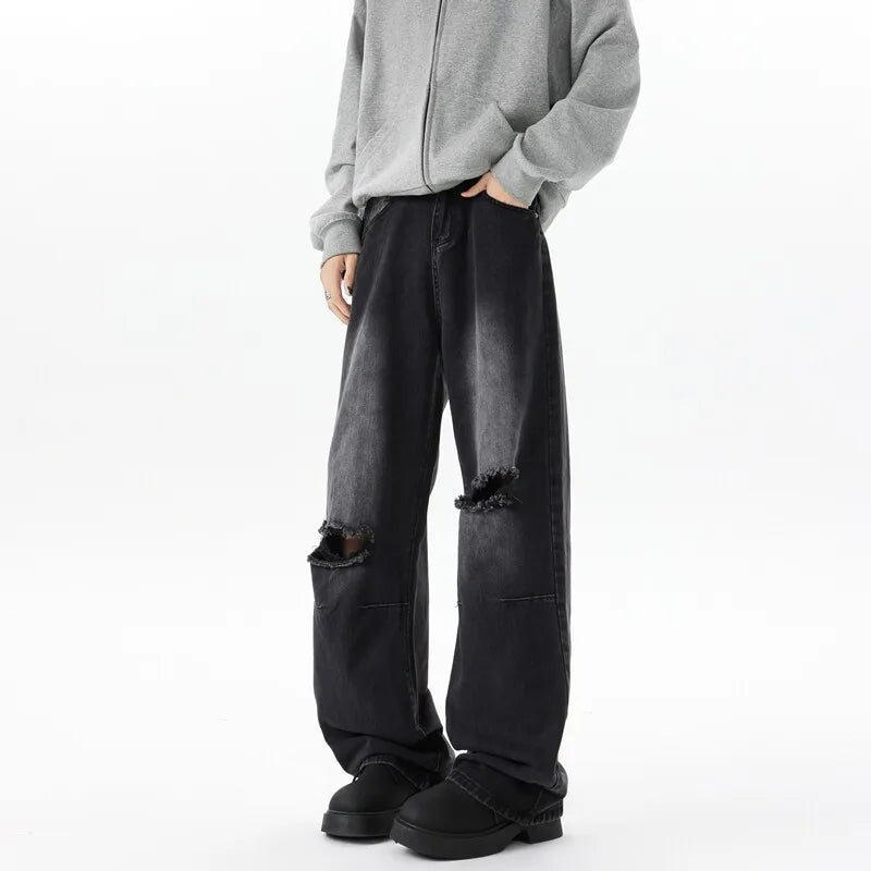 Threebooy  Straight Loose Wide Leg Jeans Mens Washed Classic Trousers Ripped Destroyed Drag Floor Length Bulk Wholesale Trendy Streetwear