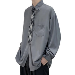 Threebooy  Solid Color Shirt with Tie Spring Autumn New Style Hong Kong Style Retro Versatile Long Sleeve Men's Loose Casual Top Trend