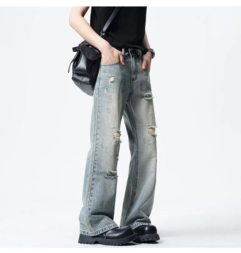 Threebooy Men Straight Leg Vintage Blue Washed Denim Jeans Casual Ripped Distressed Trousers Classic Retro Style Comfortable Streetwear