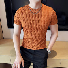 Threebooy  Men's Elastic Short Sleeved T-shirt Summer Breathable Round Neck Pullover T-shirt Solid Color Slim Fit Jacquard Men's Clothing
