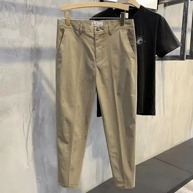 Threebooy New Man Solid Casual Cropped Cargo Suit Pants Fashion Business Elastic Straight Nine Points Pants