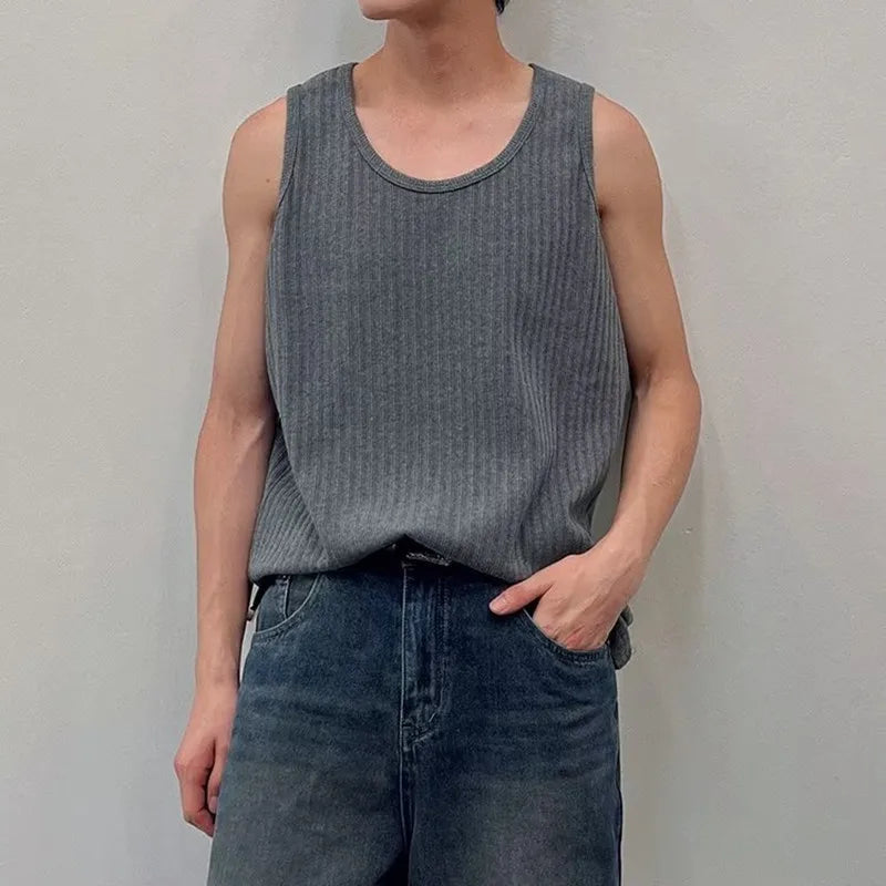 Threebooy Summer Men's Solid Stripe Loose Tank Top Korean Fashion Sleeveless T-shirts For Men Vest