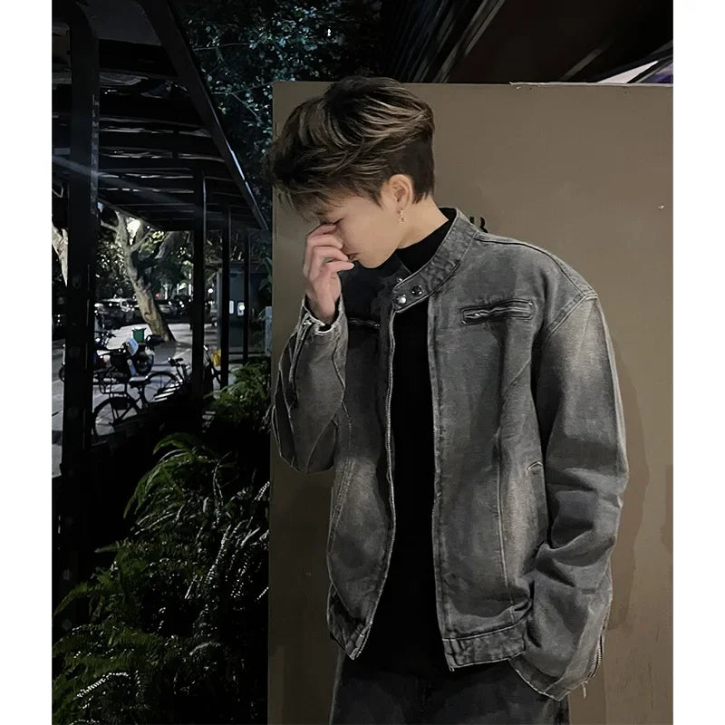 Threebooy Trendy American Style Vintage Cropped Jacket Men's Loose Fit Denim Clip-on Motorcycle Jacket Hiphop High Street Fashion