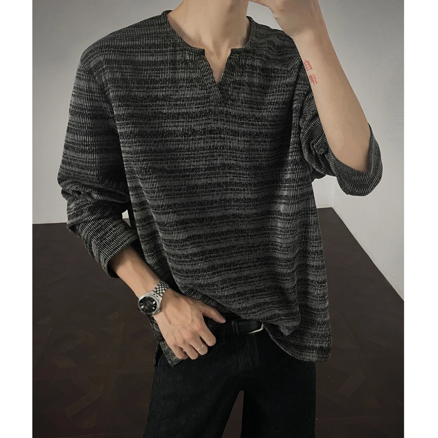 Threebooy 2025 New Fall Mens Long Sleeve Tshirt Soft Comfortable Casual Knitted Shirt V Neck Top Fashion Mens Clothing Teen Boys Clothing