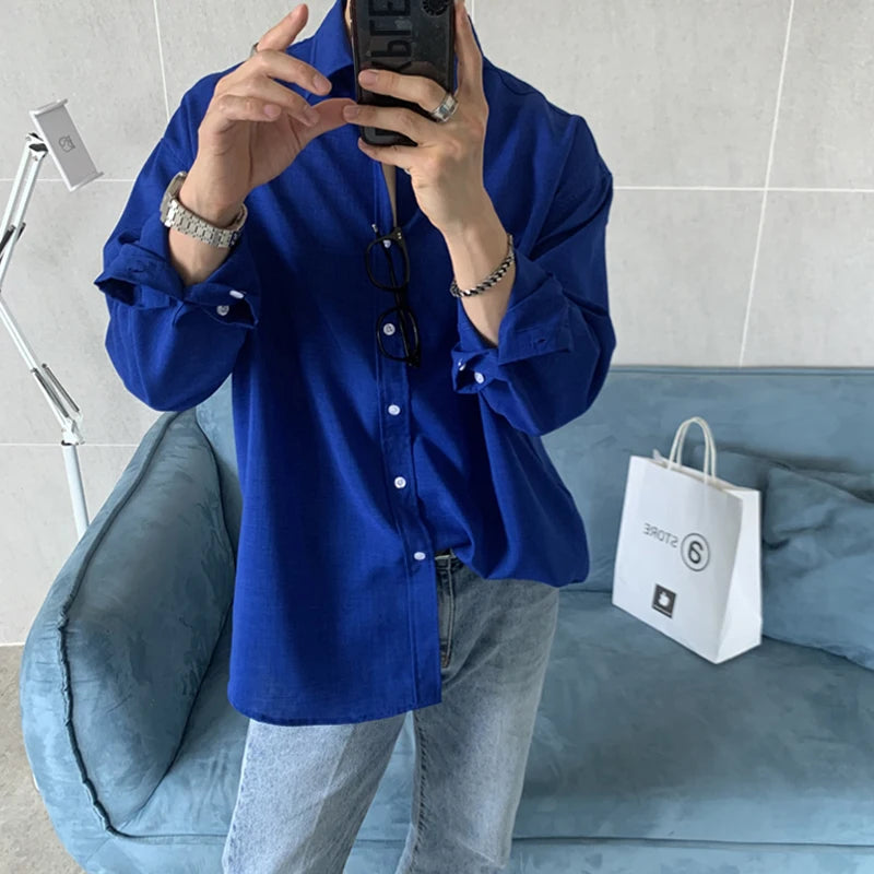 Threebooy Long shirt New Solid Loose Boyfriend Blouse Korean Shirt Men Gray White Black Turn Down Collar Casual Oversized Shirt Handsome