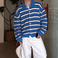 Threebooy  American Striped Cardigan Coat Light Luxury Knitted Lapel Long Sleeve Men Sweater Jackets Autumn Leisure Premium Knitwear M-3XL