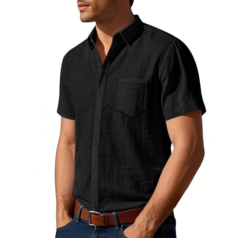 Threebooy Summer Solid Cotton Linen Lapel Short Sleeved Shirt For Men Casual Pocket American Style Shirts And Blouses
