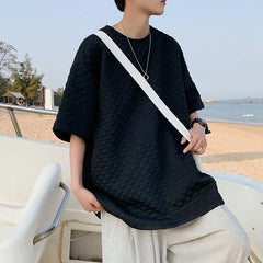 Threebooy Hong Kong Style Fashionable High-end Short-sleeved Versatile Half-sleeved Oversize Solid Color Simple Waffle Trendy Loose Top