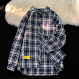 Threebooy Retro Plaid Long Sleeve Shirt Men Spring Fall Loose Shirt Turn-down Collar Blouse Hip Hop Streetwear Male Shirts