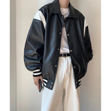 Threebooy Men's Retro Lapel Collar Motorcycle Pu Leather Baseball Streetwear Jacket Fashion Trend Loose outerwear Black Color Coats