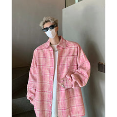 Threebooy Autumn Fashion Men Women Plaid Shirts Oversize Button Up Long Sleeve Tops Korean Loose Casual Outwear Couples Shirt Pink/Blue