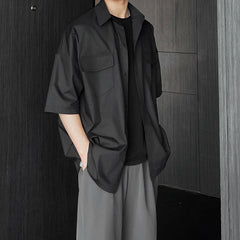 Threebooy High Quality Solid Pockets Shirts Black Blouses Summer Korean Smooth Short Sleeve Shirt Streetwear Oversize Cargo Shirts
