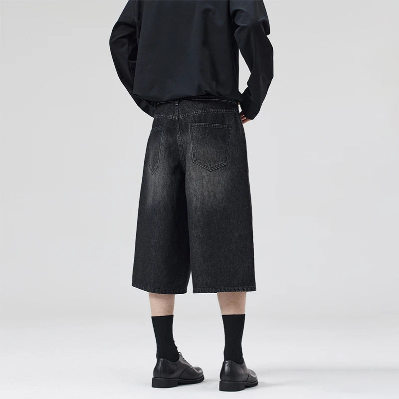 Threebooy  Oversized Baggy Men's Denim Shorts Summer Fashion Retro Casual Loose Wide-leg Calf-length Jeans Harajuku Y2K Streetwear