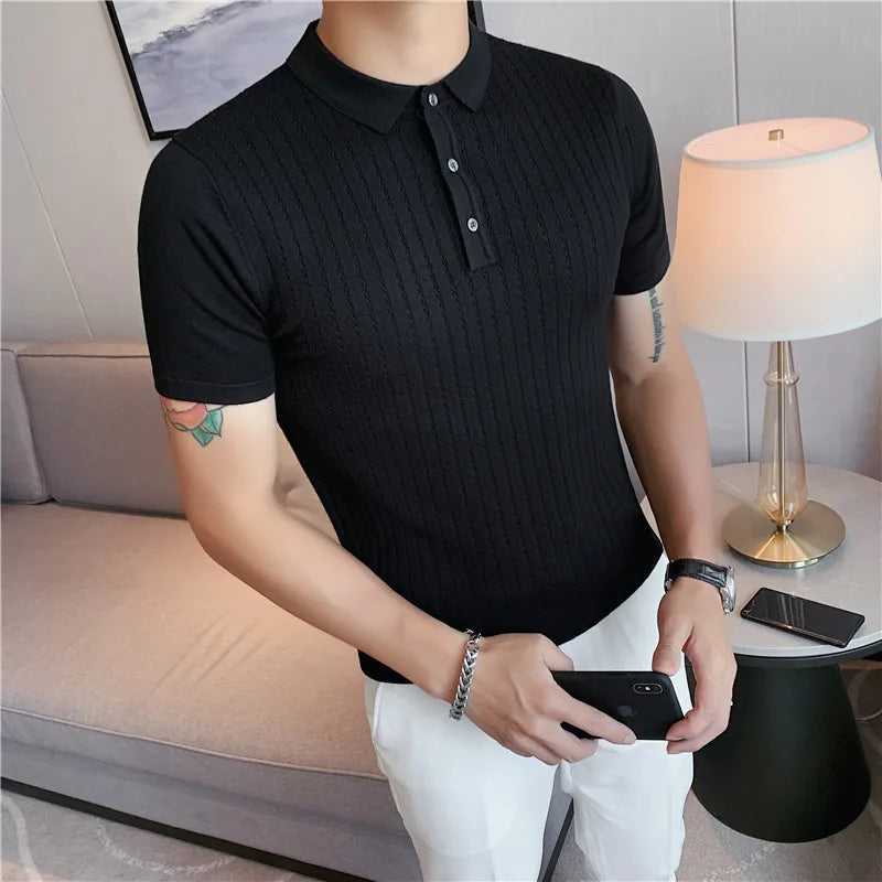 Threebooy  High Quality Summer Ice Silk Short Sleeve Knitted Polo Shirt Men Clothing Turn Down Collar Slim Fit Casual Tee Shirt Homme