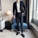 Threebooy New (Blazer+ Trousers) Men's Gentleman Fashion Business Suits Solid Color Korean Style Wedding Work Suit 2 Piece Set Tuxedo