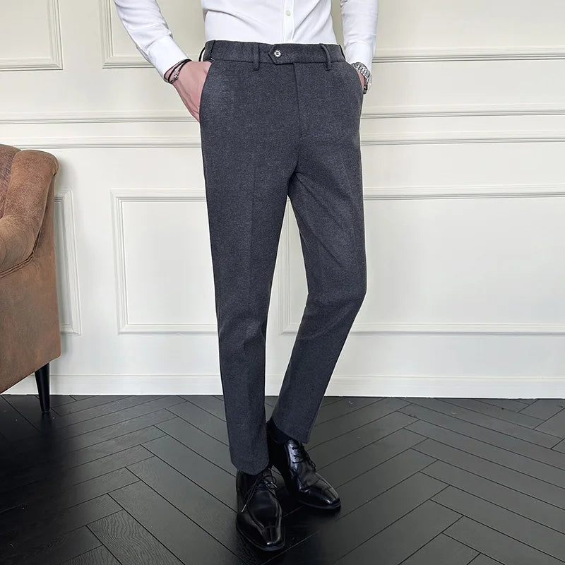 Threebooy  Autumn Winter Suit Pants Men Thick Business Classic Grey Brown Woolen Straight Korean Formal Trousers Male 28-38