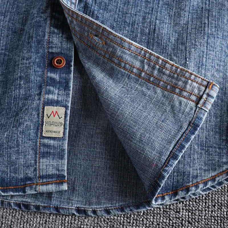 Threebooy  Retro Male Cargo Snowflake Washed Distressed Denim Shirt Chunky Rough Cotton Uniform Light Casual Work Safari Mens Shirts Top