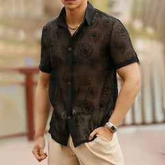 Threebooy Mens Sexy See-Through Lace Rose Short-Sleeved Shirt 2024 Spring Summer New Genderless Fashion Thin Solid Color Loose Top Unisex