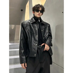 Threebooy American Retro Shoulder Pad Short Leather Jacket Men's Spring Deconstruction High-end Fashion Trend Vintage Motorcycle Jacket