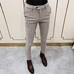 Threebooy Autumn Winter Men Striped Dress Pants Woolen Warm Business Formal Social Suit Pants Casual Slim Fit Cigarette Trousers 28-38