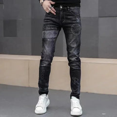 Threebooy Mens Denim Print Pants Jeans Korea Slimming Trendy Casual Jeans All-match Streetwear Light Luxury Men Jeans Pants for Men