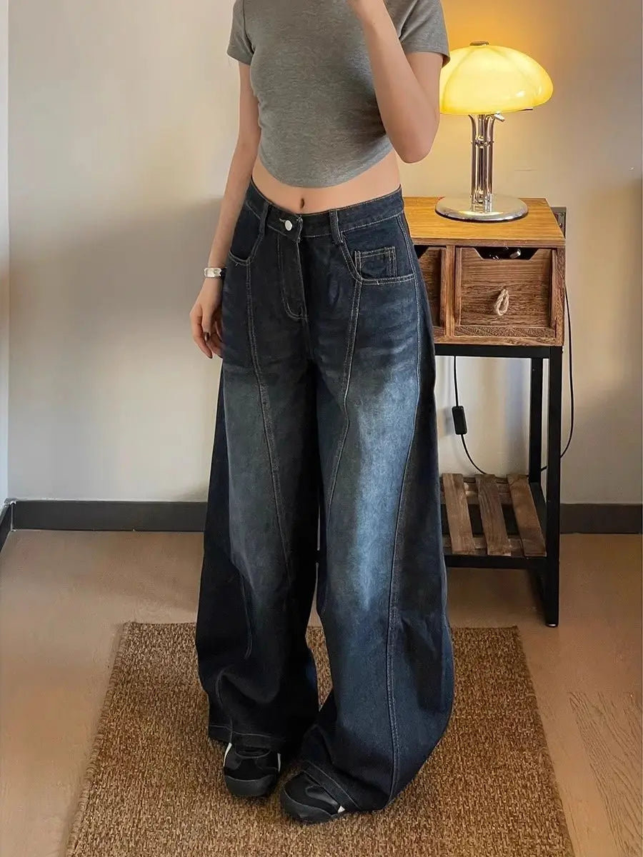 Threebooy New Spring and Autumn Street Men and Women Trendy Personalized Curved Knife Jeans Couple Loose Retro Wide Leg Casual Pants