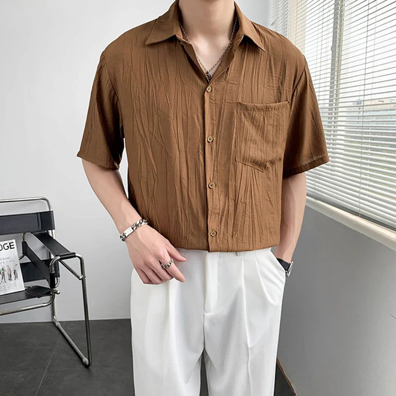 Threebooy  New Luxury Business Men Shirts Leisure Solid Color Short Sleeve Korean Popular Men's Clothing High Quality Cardigan Tops Summer