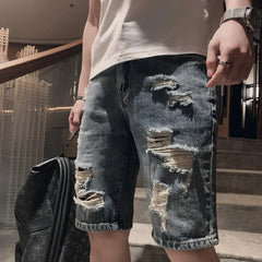 Threebooy Summer New Ripped Men Shorts Trendy Casual Straight Hole Five-point Pants Hip Hop Beggar Loose Male Denim Shorts