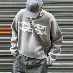 Threebooy  New American Trendy Men Sweater High Street Graffiti Printed Knit O Neck Long Sleeve Pullover Casual Loose High Street Knitwear