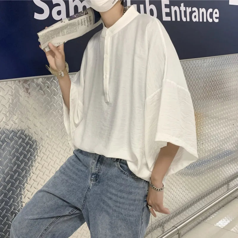 Threebooy Summer Short Sleeved Shirt Men Oversized Fashion Black White Shirt Men Streetwear Korean Loose Pullover Shirt Mens Casual Shirts
