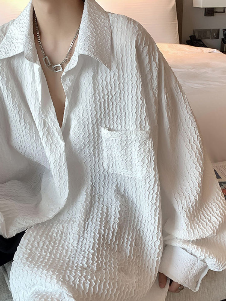 Threebooy Long-sleeved Shirt Men's Summer Trend White Button Up Blouse Men Hong Kong Style Handsome Jacket Wave Texture Niche Top