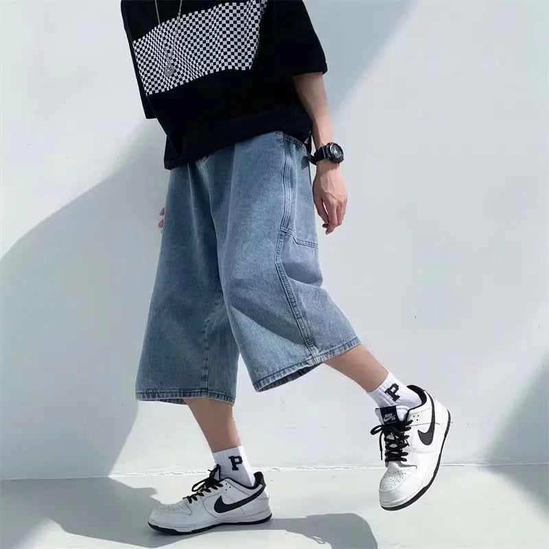 Threebooy  Multi-pockets Cargo Pants Summer Short Jeans Breeches Hip Hop Streetwear Baggy Denim Shorts Casual Wide-leg Capris Pants 5XL-M