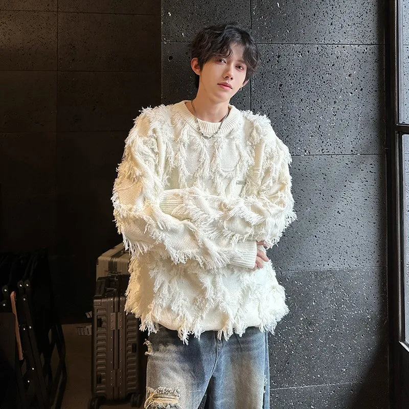 Threebooy Streetwear Sweater Men Stylish New Retro Hole Fringed Sweater Loose Versatile Knitwear Pullovers Long Sleeve Jumpers Clothing