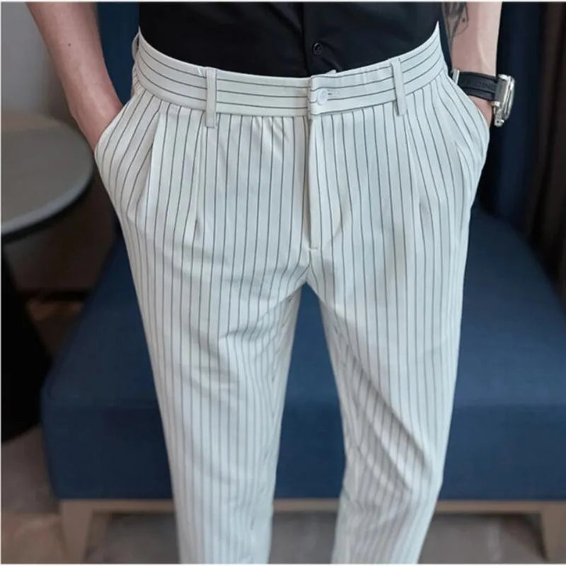 Threebooy British Style Men Business Stripe Dress Pants Men Belt Design Slim Trousers Formal Office Social Wedding Party Dress Suit Pant