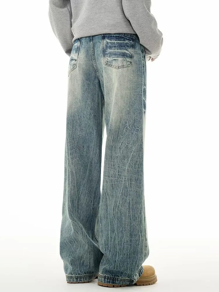 Threebooy  Men's Fashion Design Baggy Jeans Vintage Blue Personality Youth Streetwear Wide Leg Pants Korean High Street Male Denim Trousers
