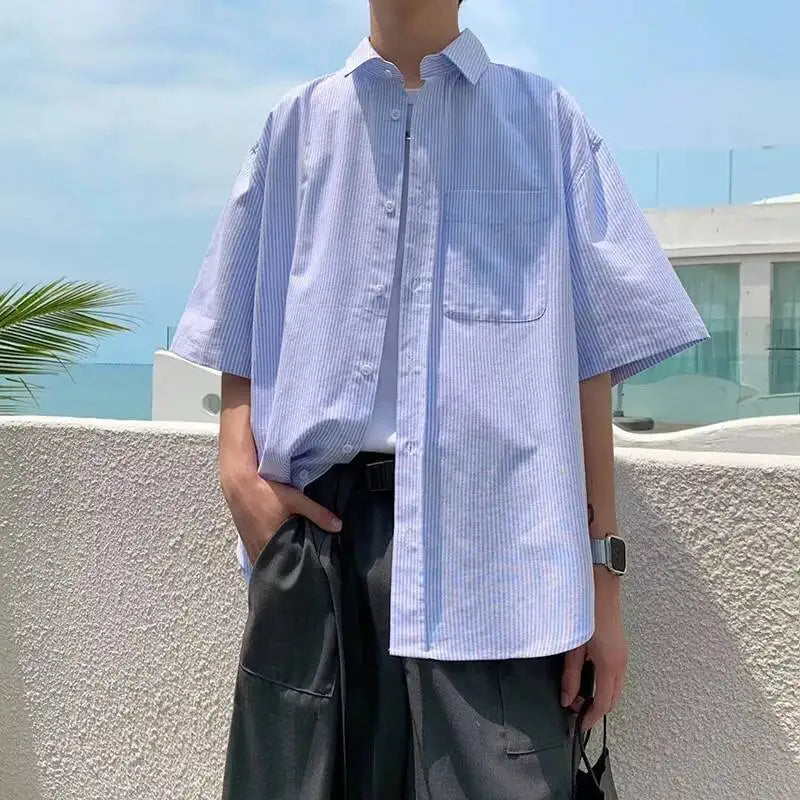 Threebooy  Men Striped Short Sleeve Shirt Loose Avantgarde Design Unique Casual Lightweight Breathable Edgy Fashion Shirts