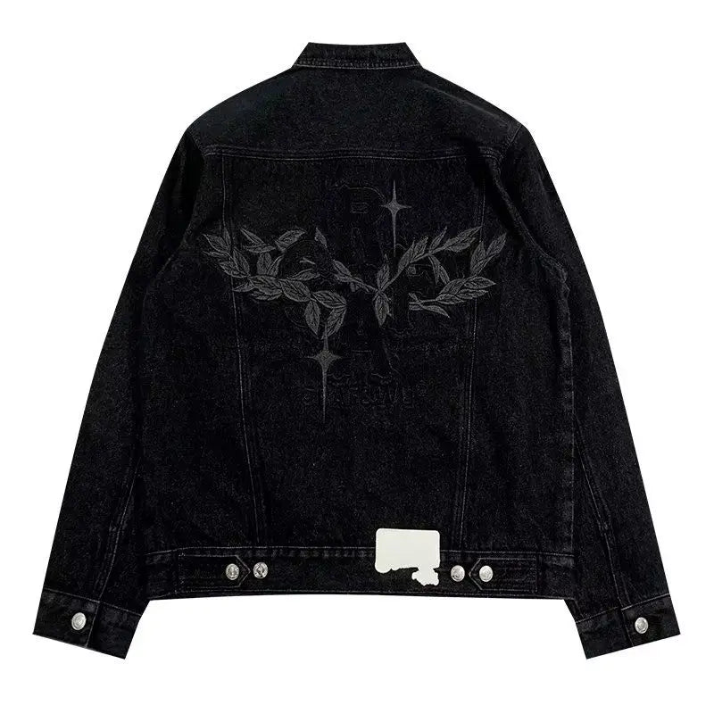 Threebooy  Heavy Washing Old Denim Jacket Retro Maple Leaf Letter Print Coat Autumn Winter Denim Jacket Men's Couple's Button Lapel Jacket