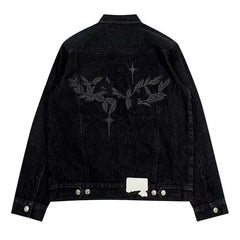 Threebooy  Heavy Washing Old Denim Jacket Retro Maple Leaf Letter Print Coat Autumn Winter Denim Jacket Men's Couple's Button Lapel Jacket