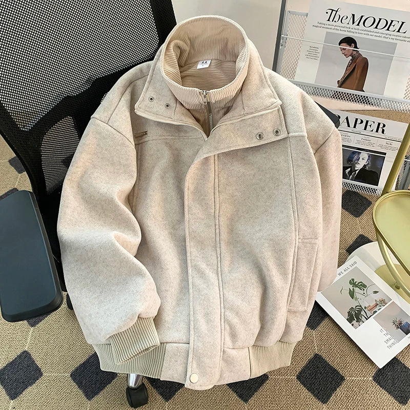 Threebooy  American Heavy Fake Two-piece Thick Wool Jacket Men's 2025 Winter American Workwear Woolen Jacket Top Aesthetic Urban