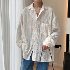 Threebooy Shirts for men Apricot Handsome Lapel Men Blouse Vacation Hollow Out Sexy Fashion Men Clothing Male Mesh Long-sleeved Shirts