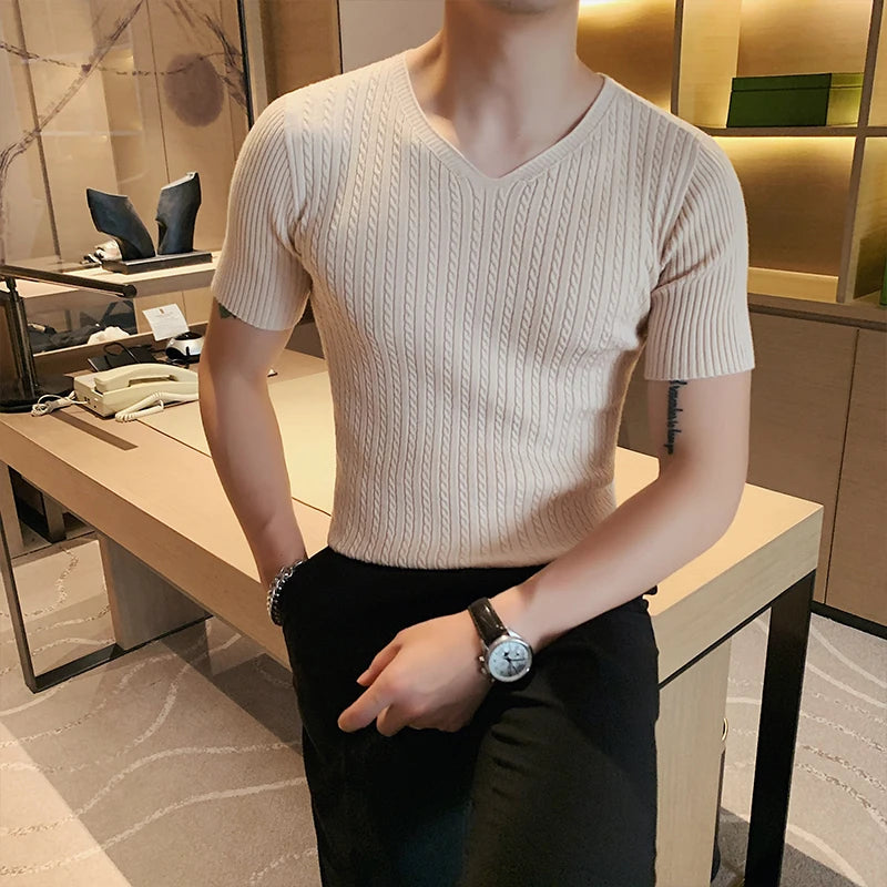 Threebooy   Clothing Men's Summer High Quality Casual Knit T-shirt/Male Slim Fit Fashion V-neck  Short Sleeve T-shirt Black White