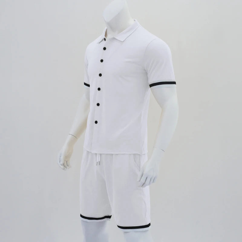 Threebooy New Summer Foreign Trade Men's Trend Solid Color Polo Collar Buckle Casual Short Sleeve Shorts Set Now