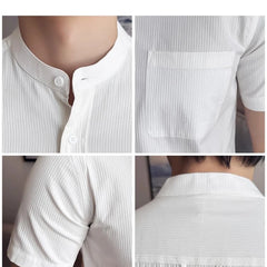 Threebooy  100% Cotton Stand Up Collar Striped Shirt Business Slim Fit Casual Pocket Decoration Pure Cotton Short Sleeved Shirt Size 3XL-M