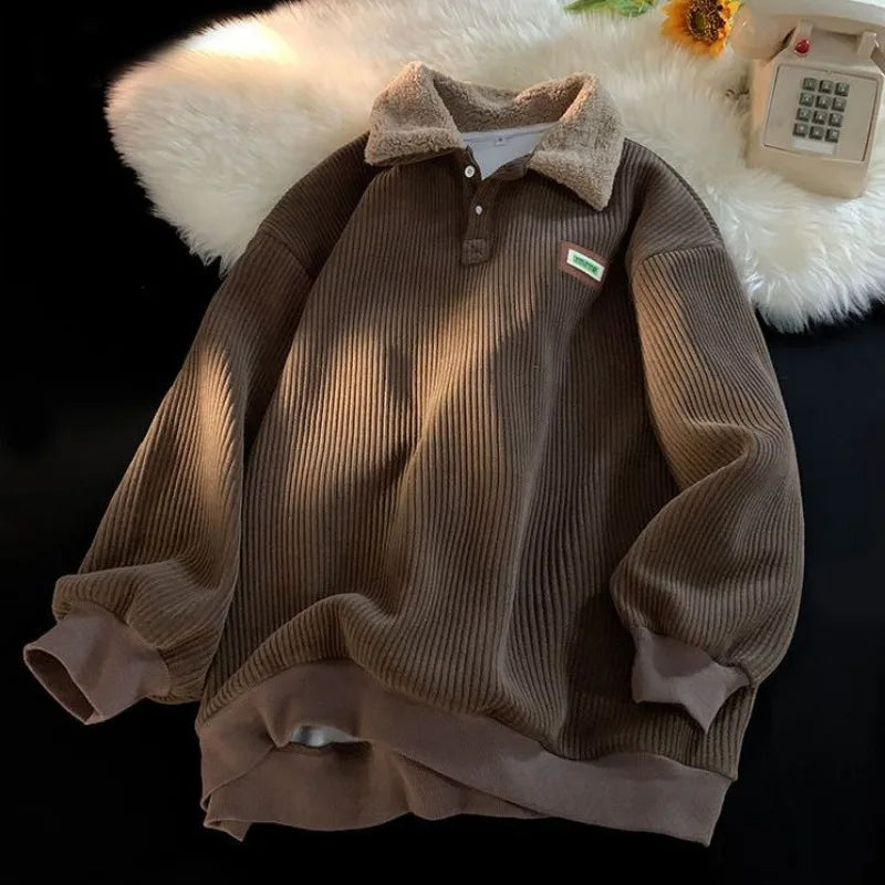 Threebooy Men's Corduroy Polo Shirt Sweater Women's Autumn Winter Fleece Thick Coat Turndown Collar Buttons Long Sleeves Warm Tops