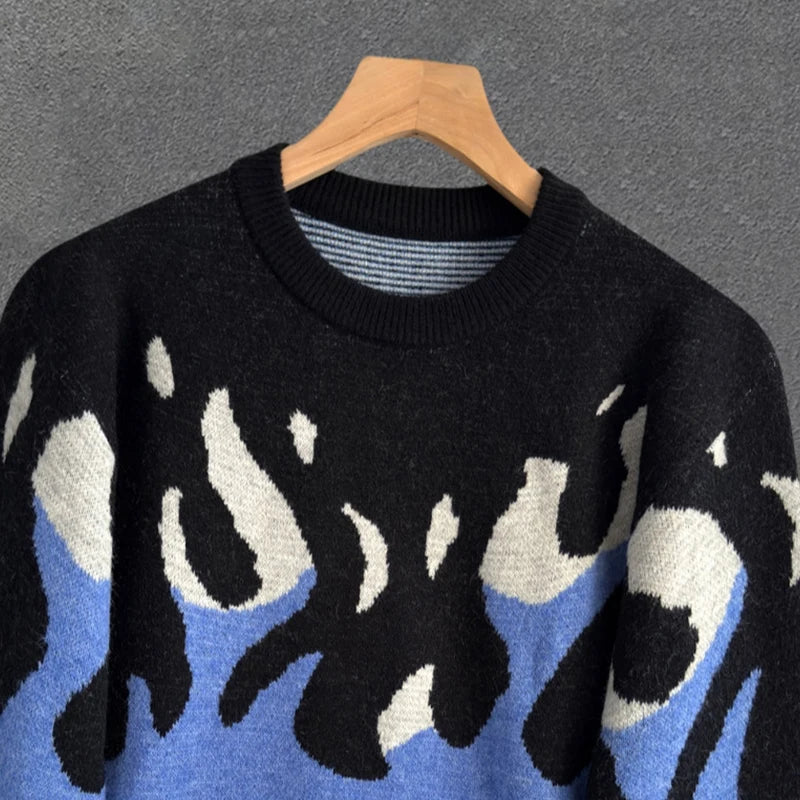 Threebooy  New Korean Trendy Men Sweaters Light Luxury Knitted Color Clashing O Neck Long Sleeve Pullover Casual High Street Knitwear M-3XL