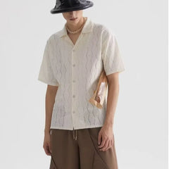 Threebooy Men's White Summer Hollow Out Short Sleeve Shirt Knitted Jacket Shirts For Men Vintage Vacation Blouse
