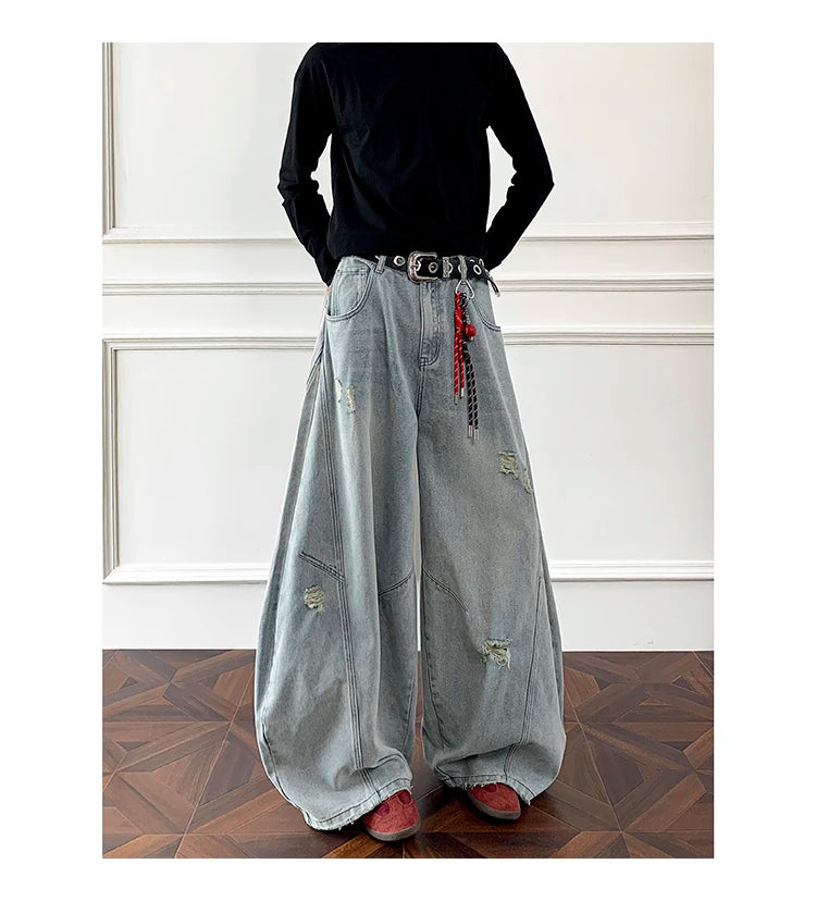 Threebooy Loose Fit Jeans Men Baggy Wide Leg Denim Pants Patchwork Ripped Light Blue Wash Hip Hop Streetwear Fashion New 2025 autumn jeans