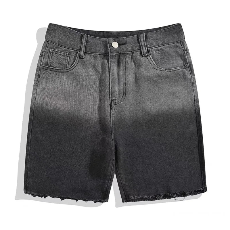 Threebooy  Summer Gradient Denim Shorts Men's Fashion Retro Denim Shorts Mens Streetwear Korean Loose Hip-hop Straight Denim Shorts Men